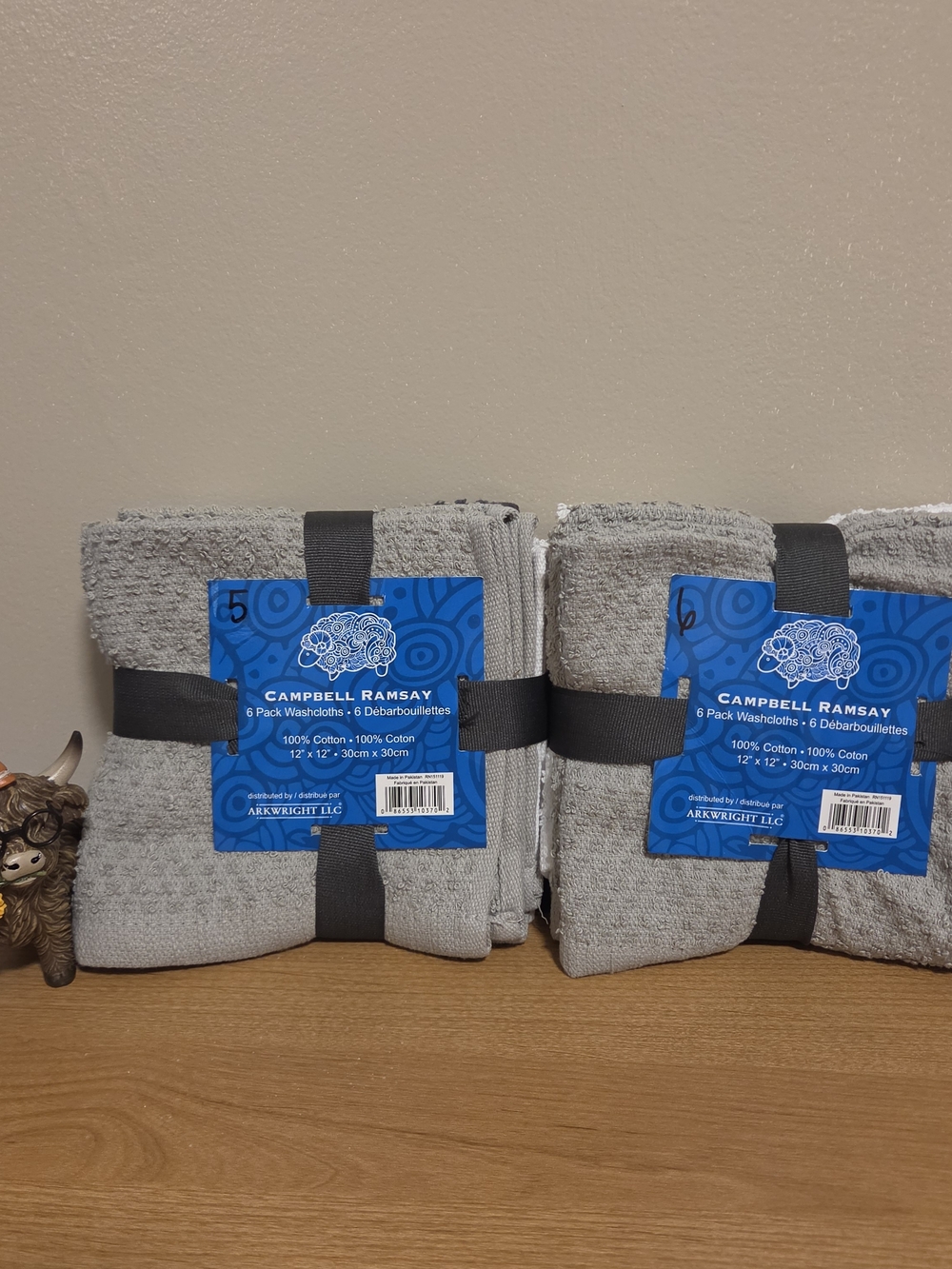 Campbell Ramsay 2 Sets Of 6 Pack Washcloths 100% Cotton 12" x 12" Gray